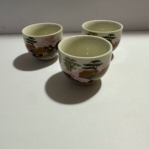 Set of 3 Vintage Cherry Blossom Floral Japanese Sake Cups Rice Bowls Teacups Set